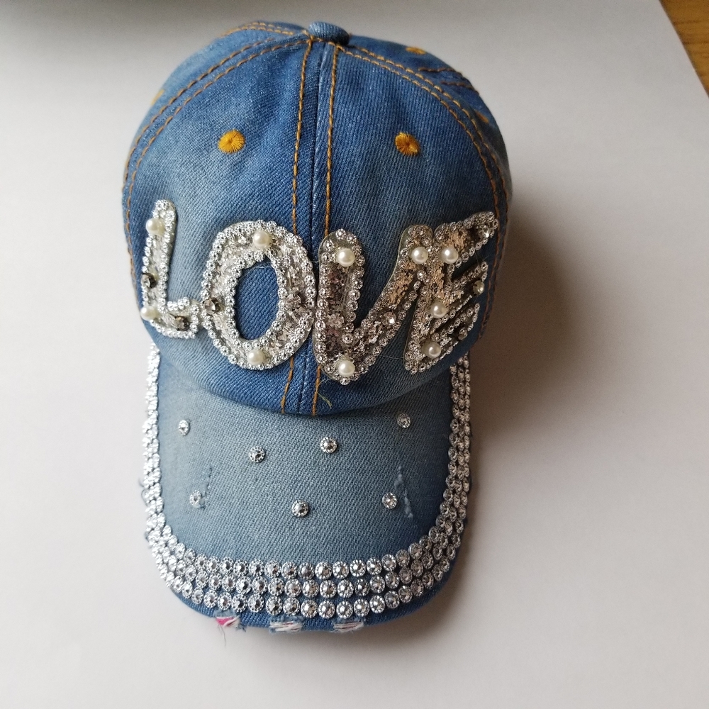 Love Denim Sequin Bling Baseball Cap Hat